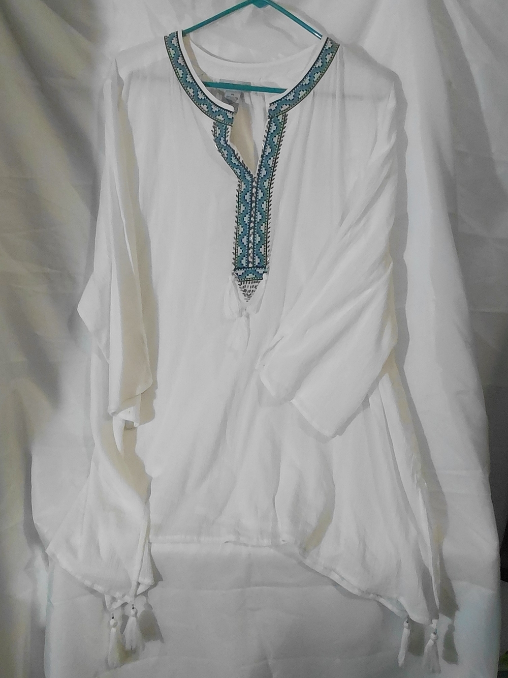 White Boho Tunic Top with Teal Embroidered V-Neck